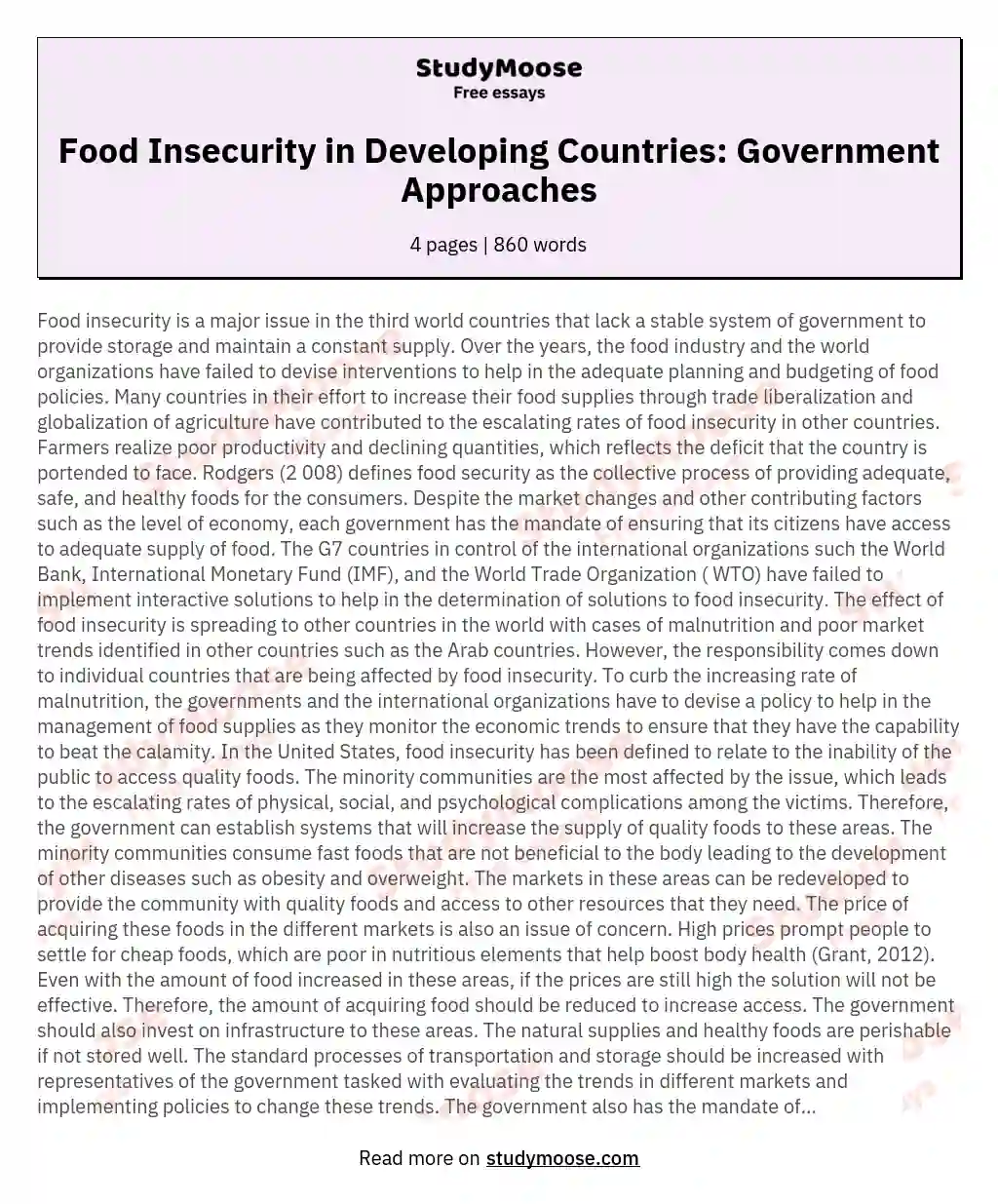 Food Insecurity in Developing Countries: Government Approaches essay