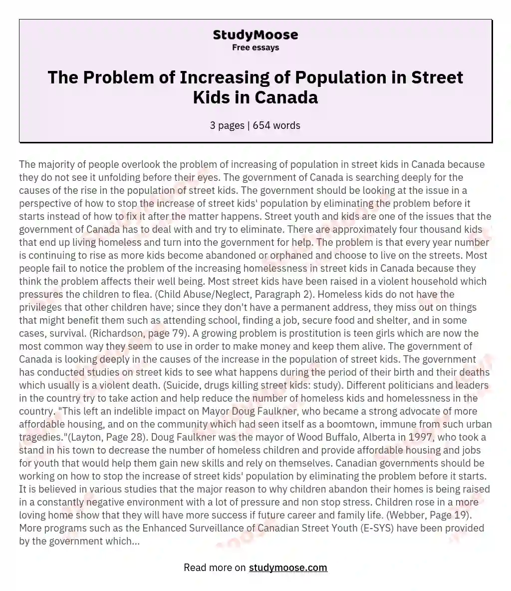 The Problem of Increasing of Population in Street Kids in Canada essay