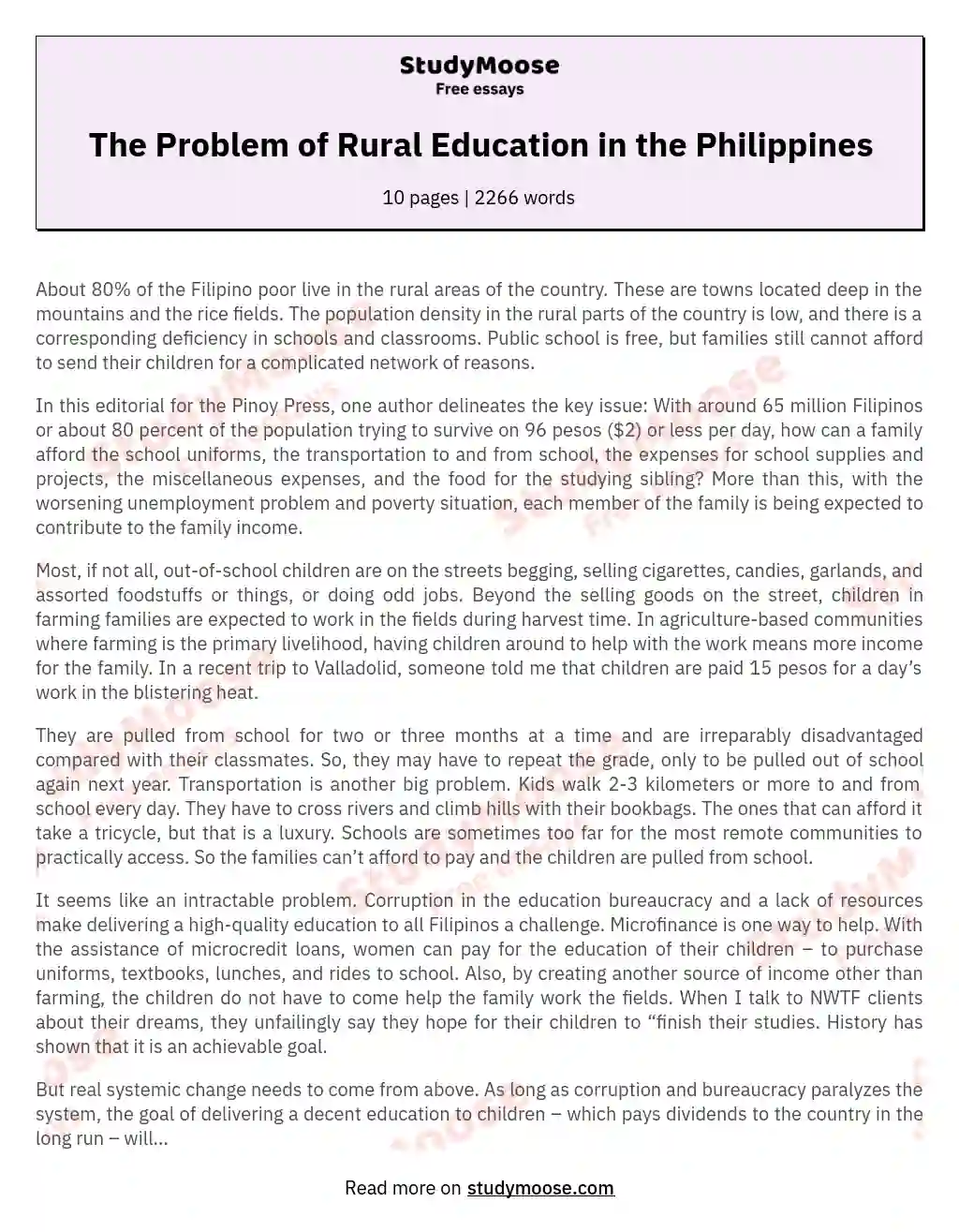 The Problem of Rural Education in the Philippines essay