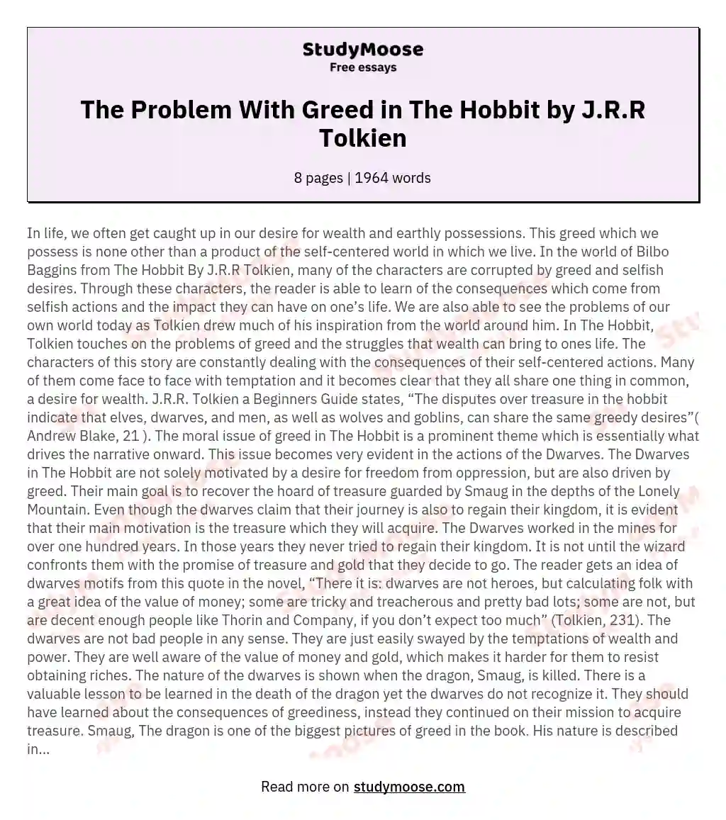 The Problem With Greed in The Hobbit by J.R.R Tolkien essay