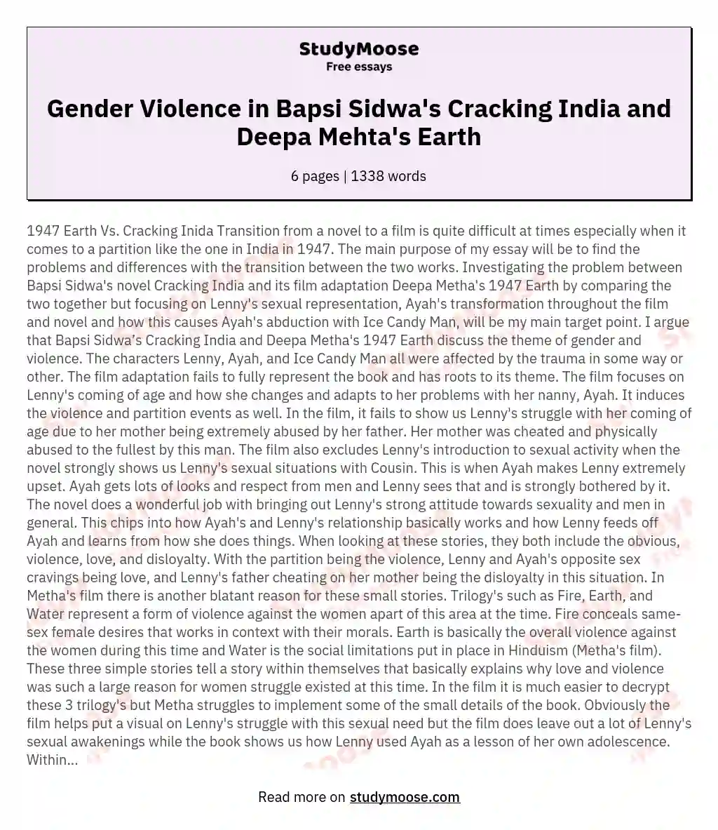 Gender Violence in Bapsi Sidwa's Cracking India and Deepa Mehta's  Earth essay