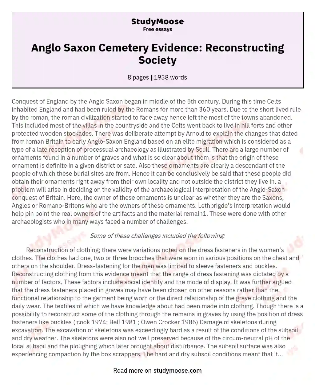 Anglo Saxon Cemetery Evidence: Reconstructing Society essay