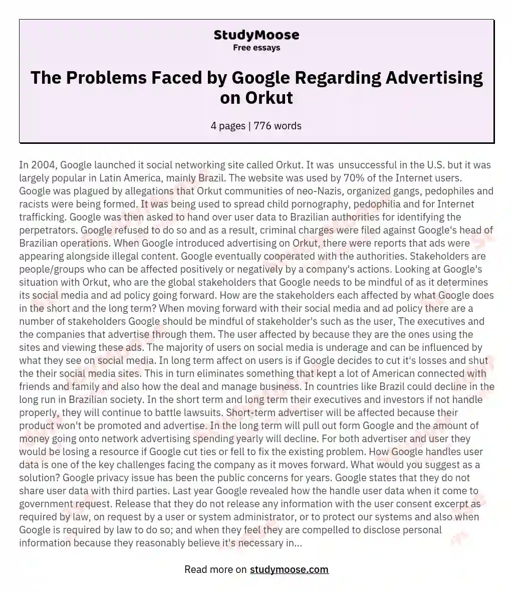 The Problems Faced by Google Regarding Advertising on Orkut essay