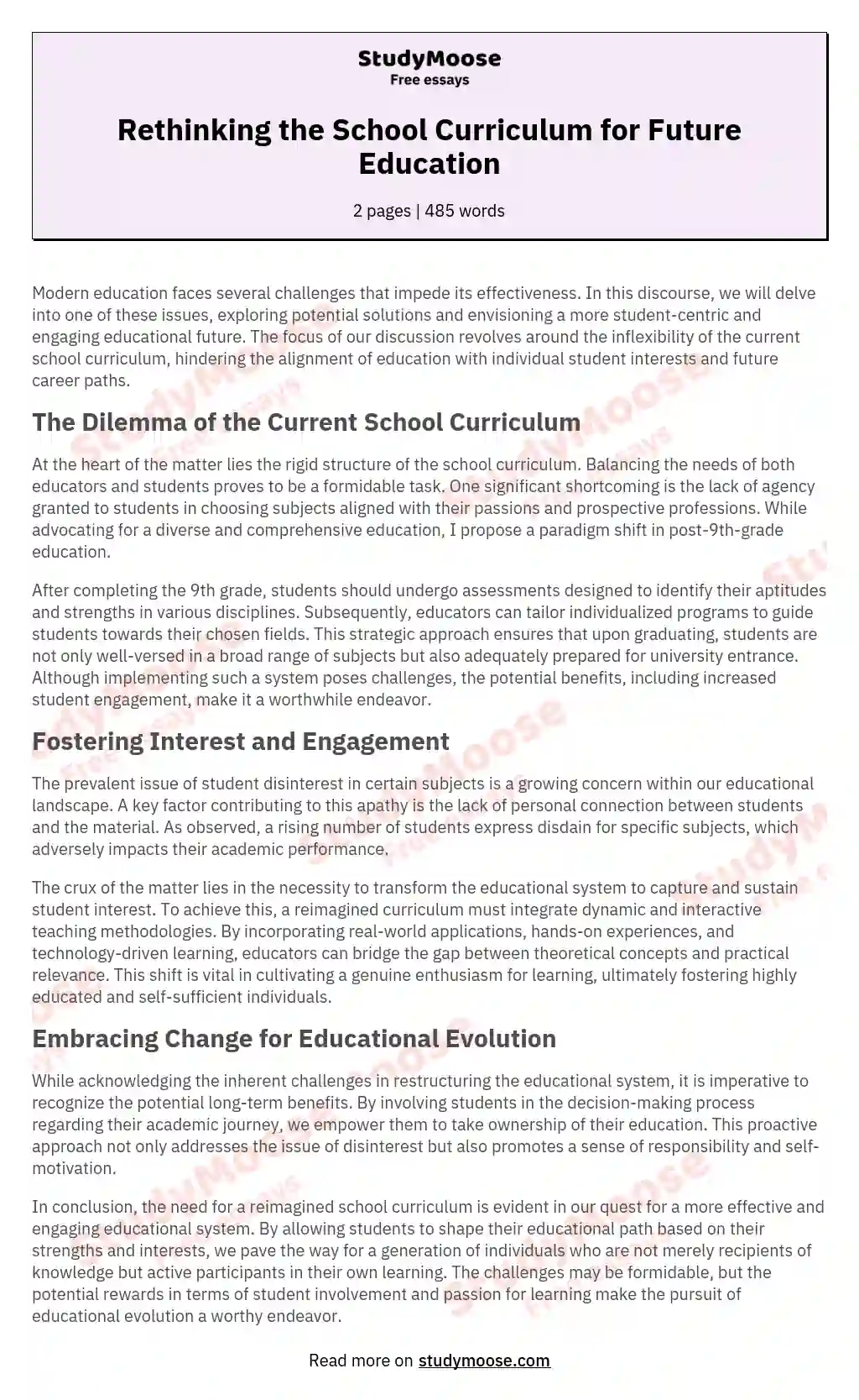 Rethinking the School Curriculum for Future Education essay