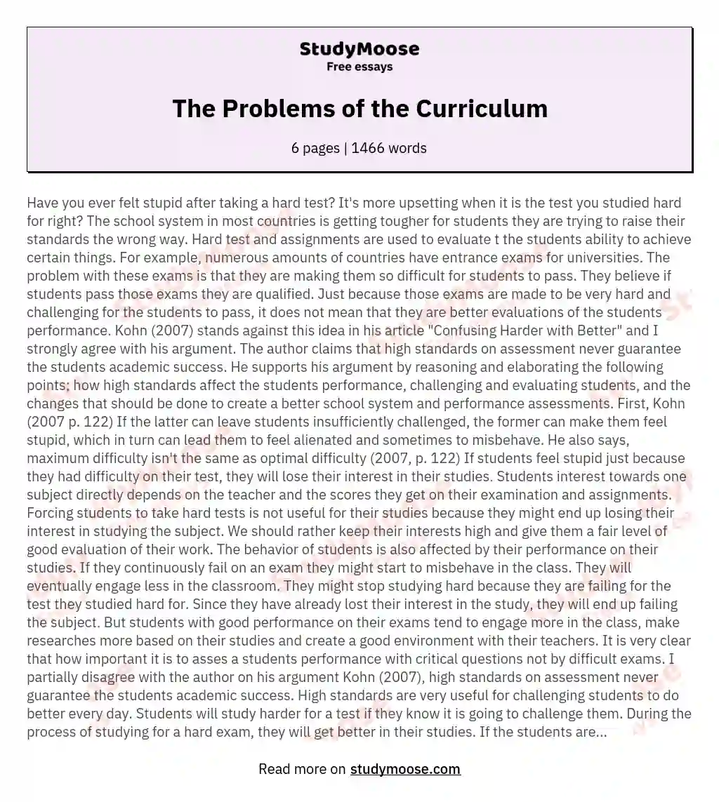 The Problems of the Curriculum essay