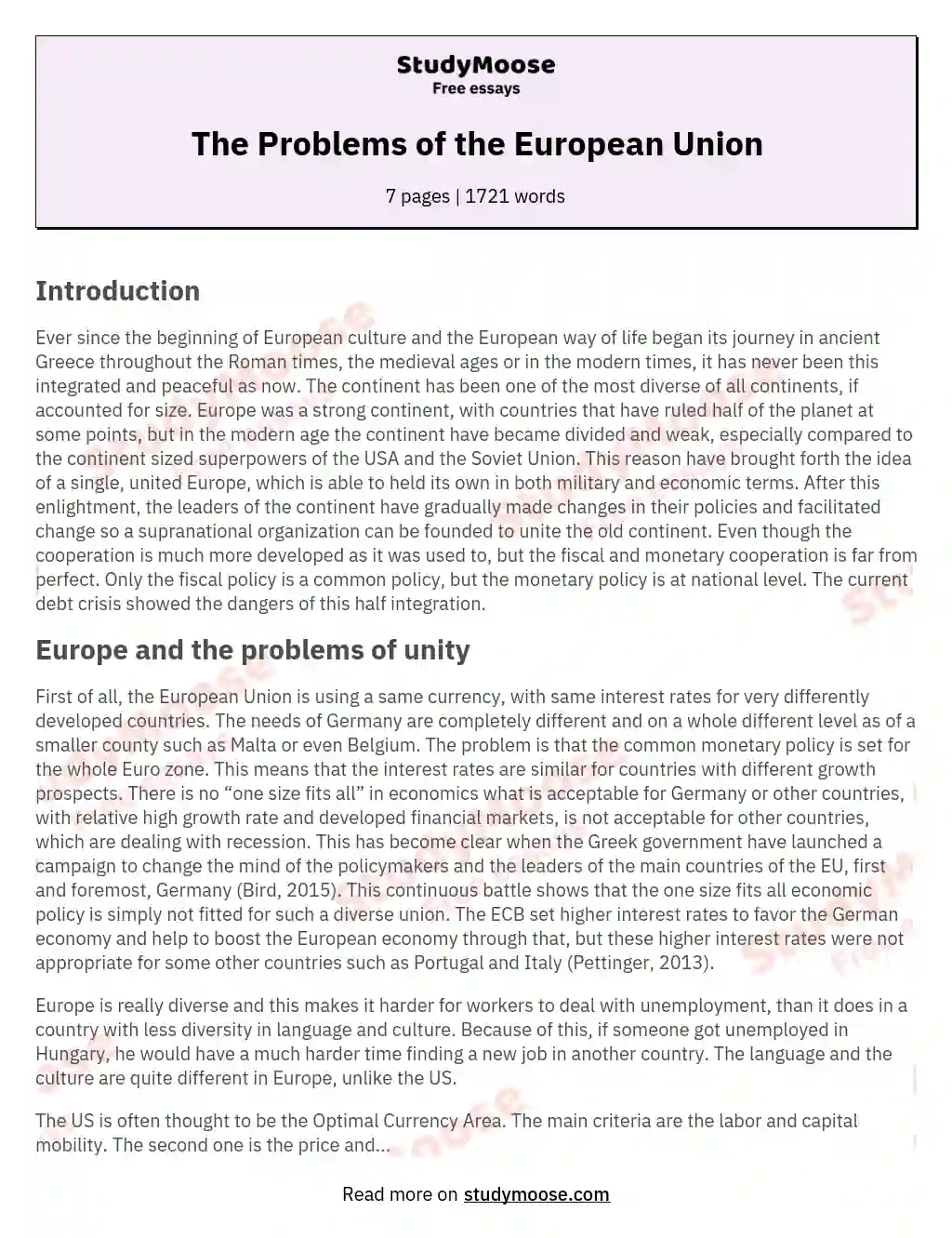The Problems of the European Union essay