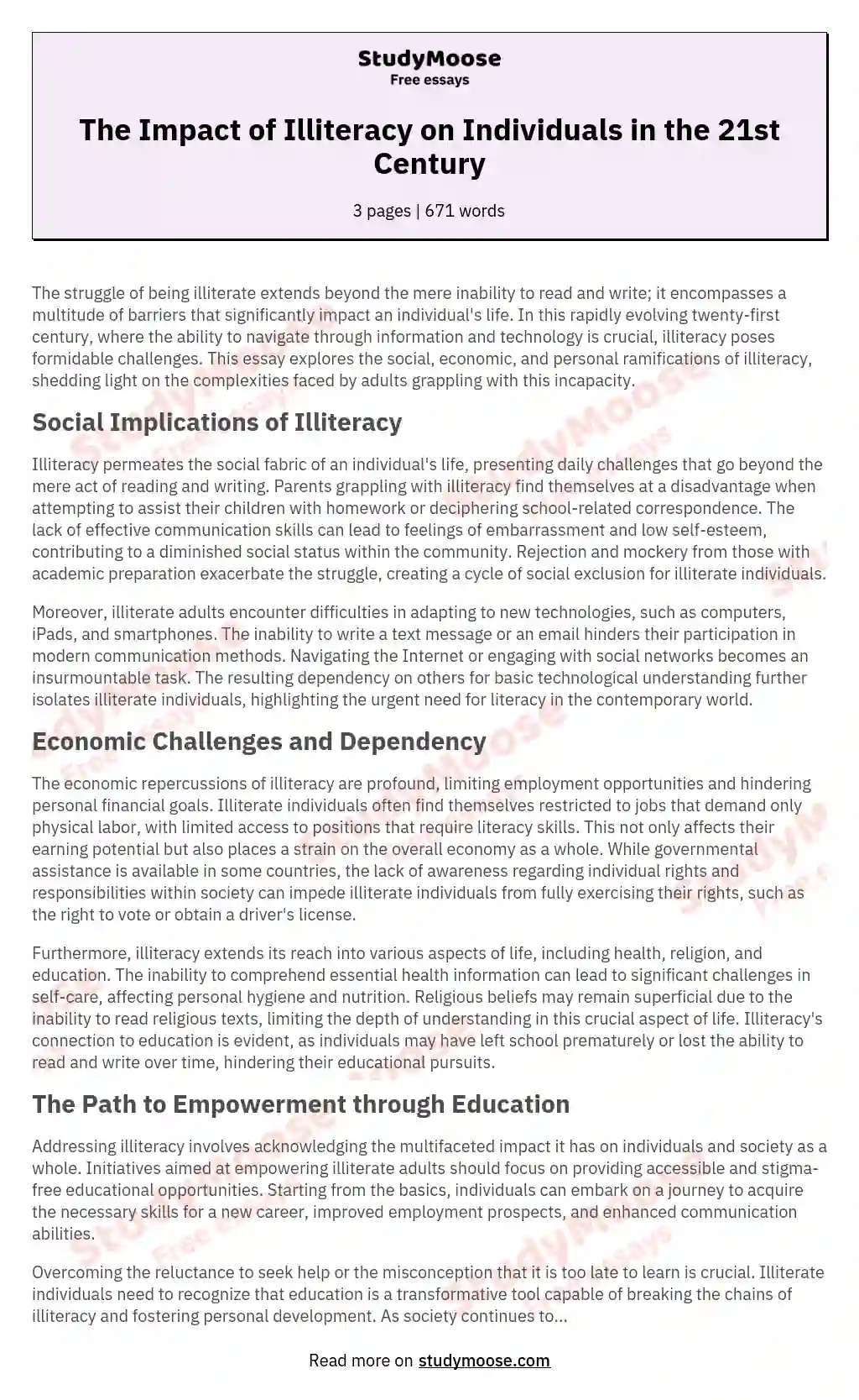 The Impact of Illiteracy on Individuals in the 21st Century essay