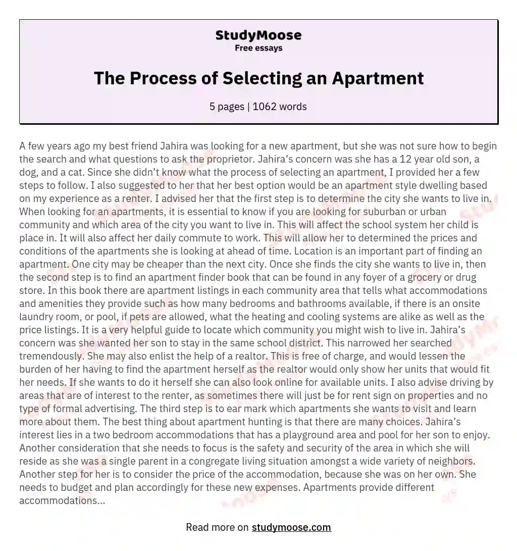 The Process of Selecting an Apartment essay