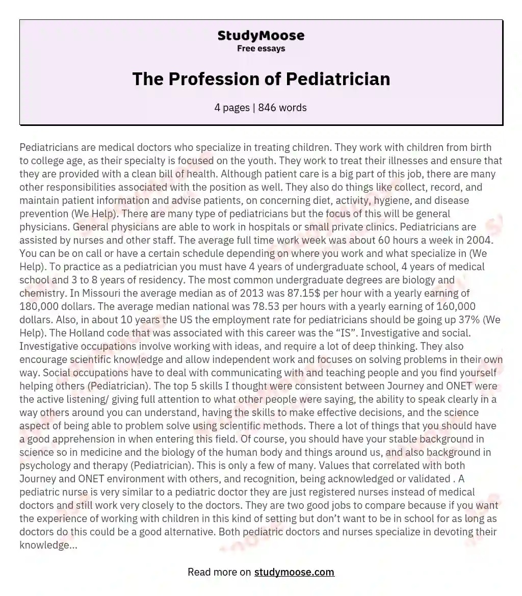 The Profession of Pediatrician essay