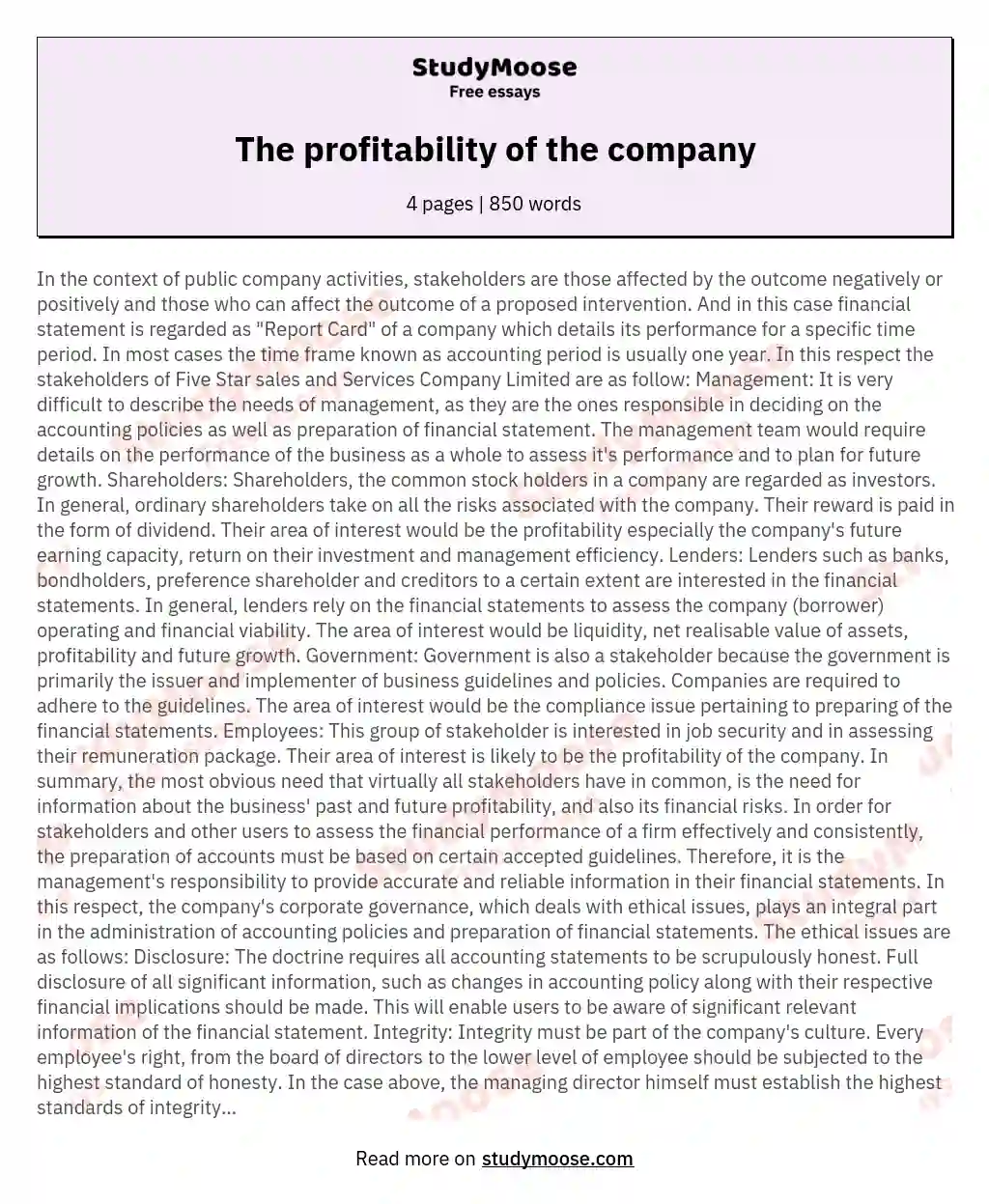 The profitability of the company essay