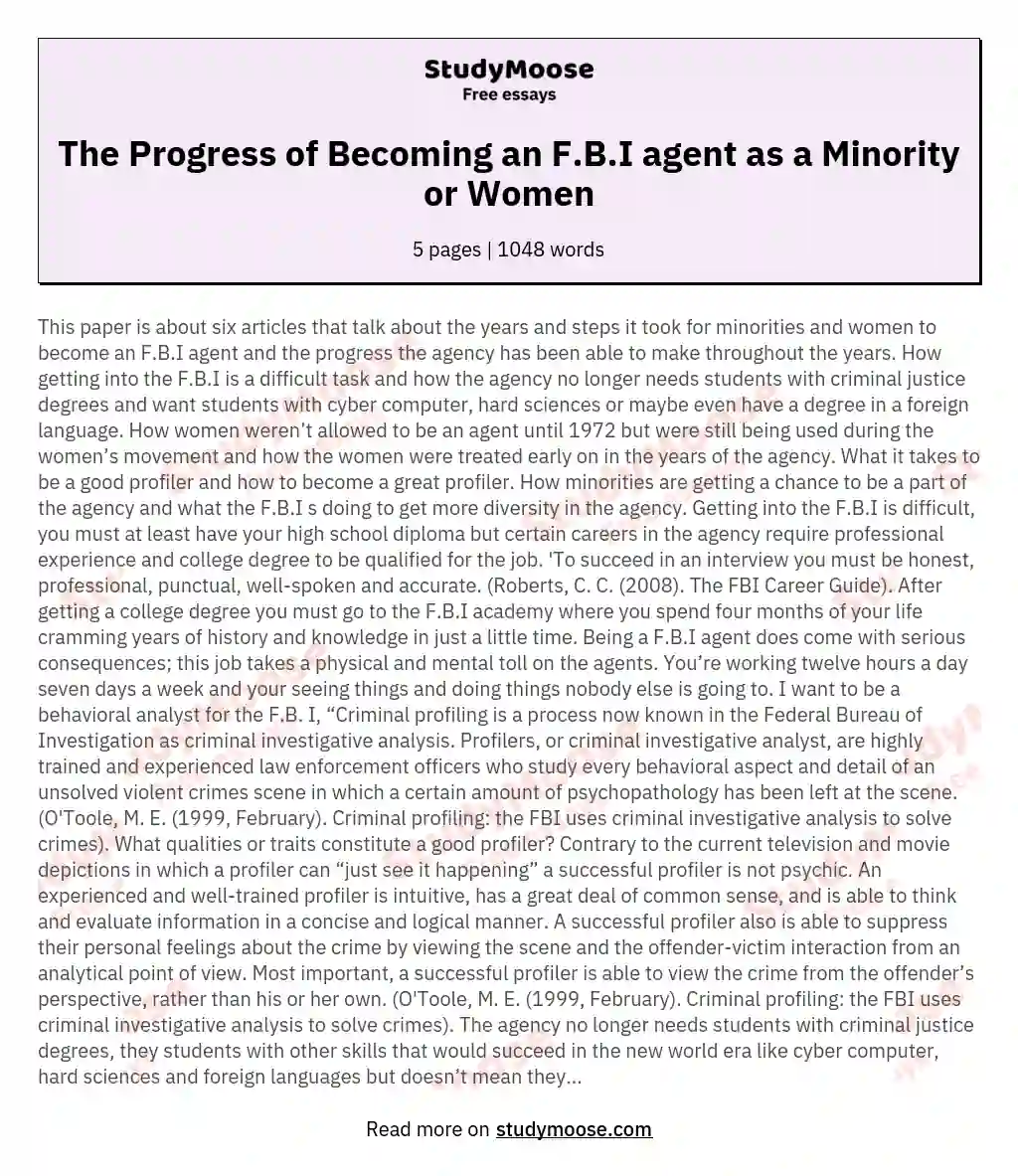 The Progress of Becoming an F.B.I agent as a Minority or Women essay