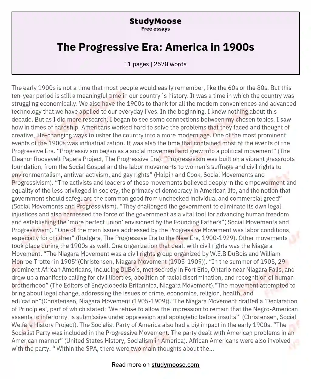 The Progressive Era: America in 1900s essay