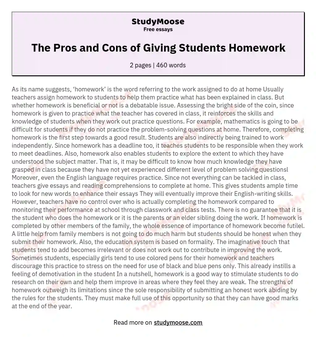 The Pros and Cons of Giving Students Homework essay