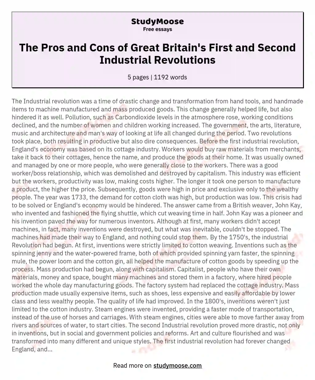 The Pros and Cons of Great Britain's First and Second Industrial Revolutions essay