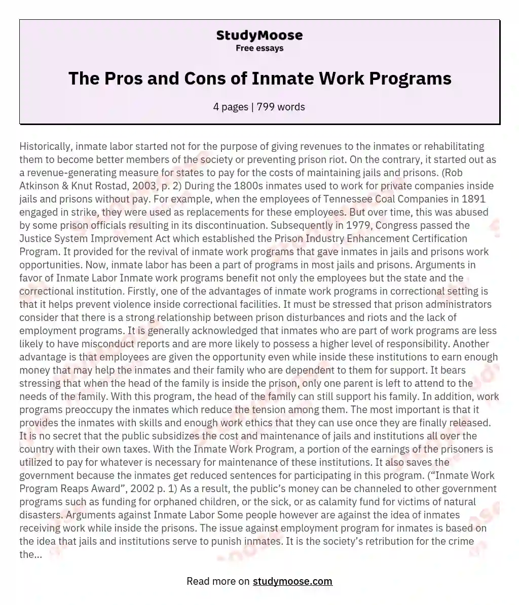 The Pros and Cons of Inmate Work Programs essay