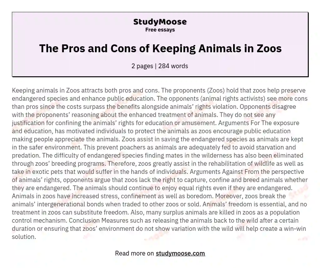 animals in zoos pros and cons essay
