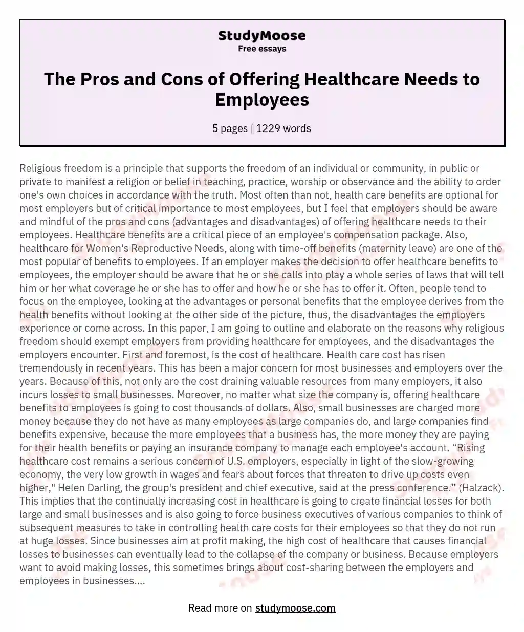 The Pros and Cons of Offering Healthcare Needs to Employees essay