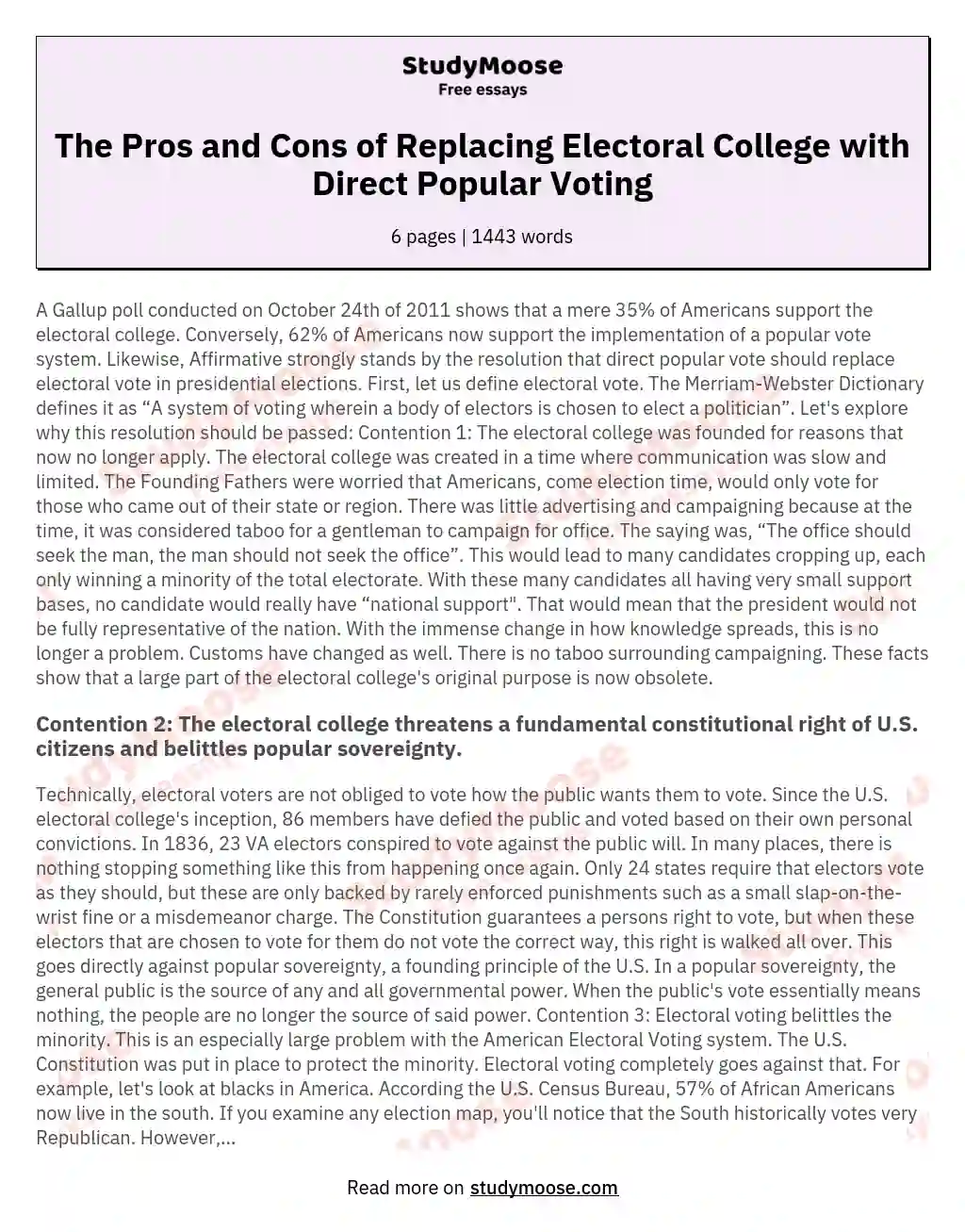 The Pros and Cons of Replacing Electoral College with Direct Popular Voting essay