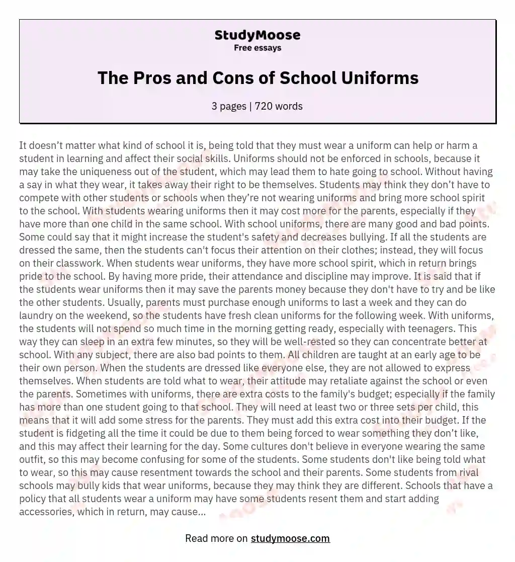 The Pros And Cons Of School Uniforms Free Essay Example