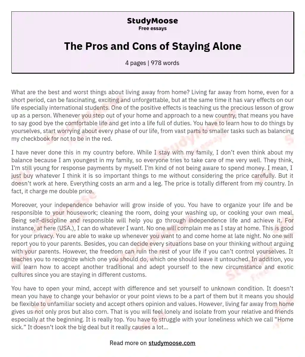 The Pros and Cons of Staying Alone essay