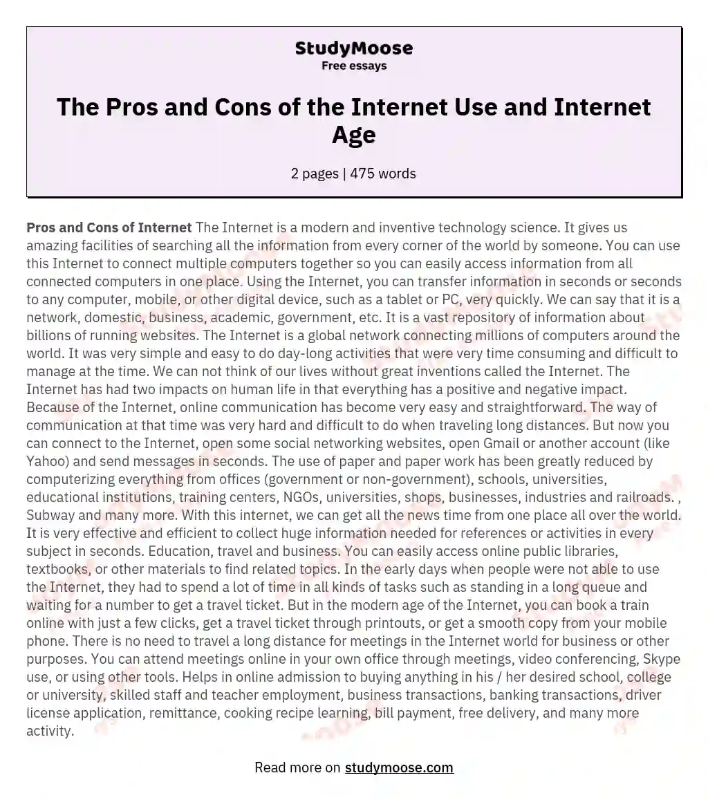 The Pros and Cons of the Internet Use and Internet Age essay