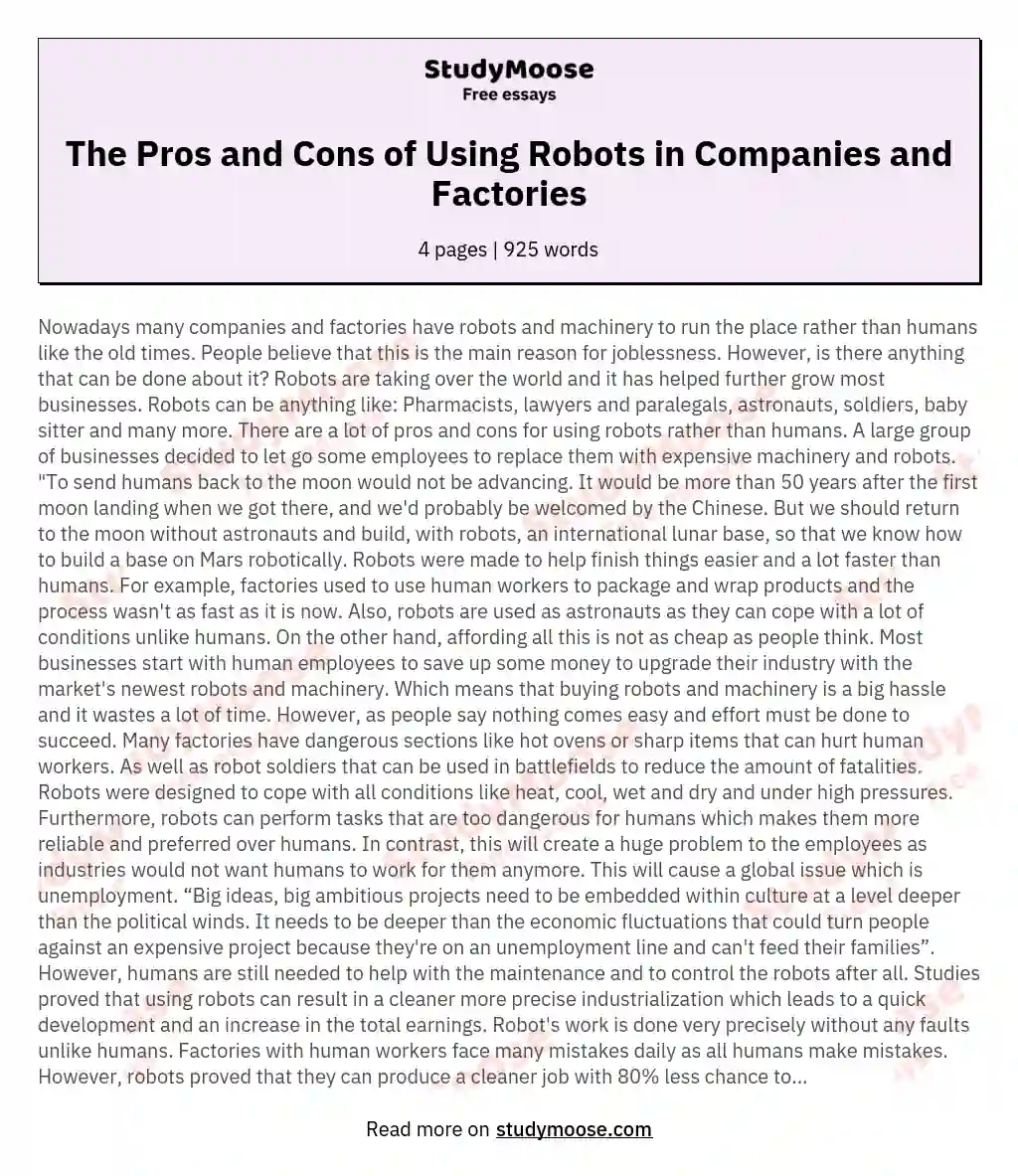 The Pros and Cons of Using Robots in Companies and Factories essay