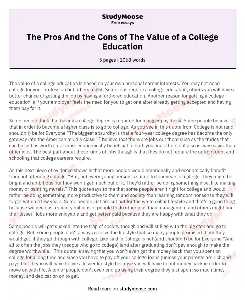The Pros And the Cons of The Value of a College Education essay