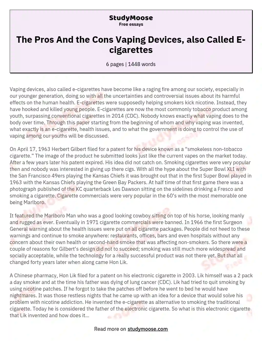 The Pros And the Cons Vaping Devices, also Called E-cigarettes essay