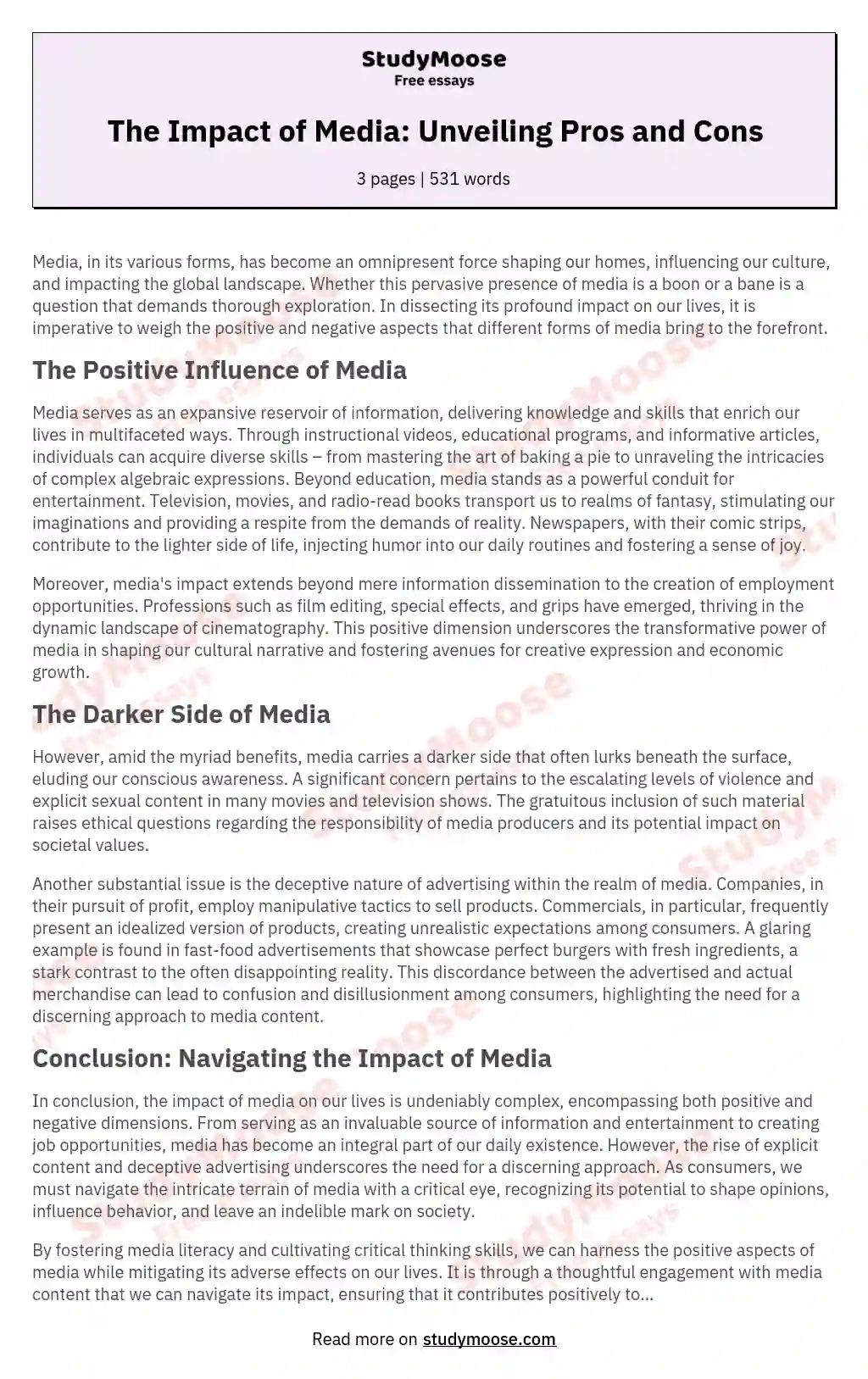 The Impact of Media: Unveiling Pros and Cons essay