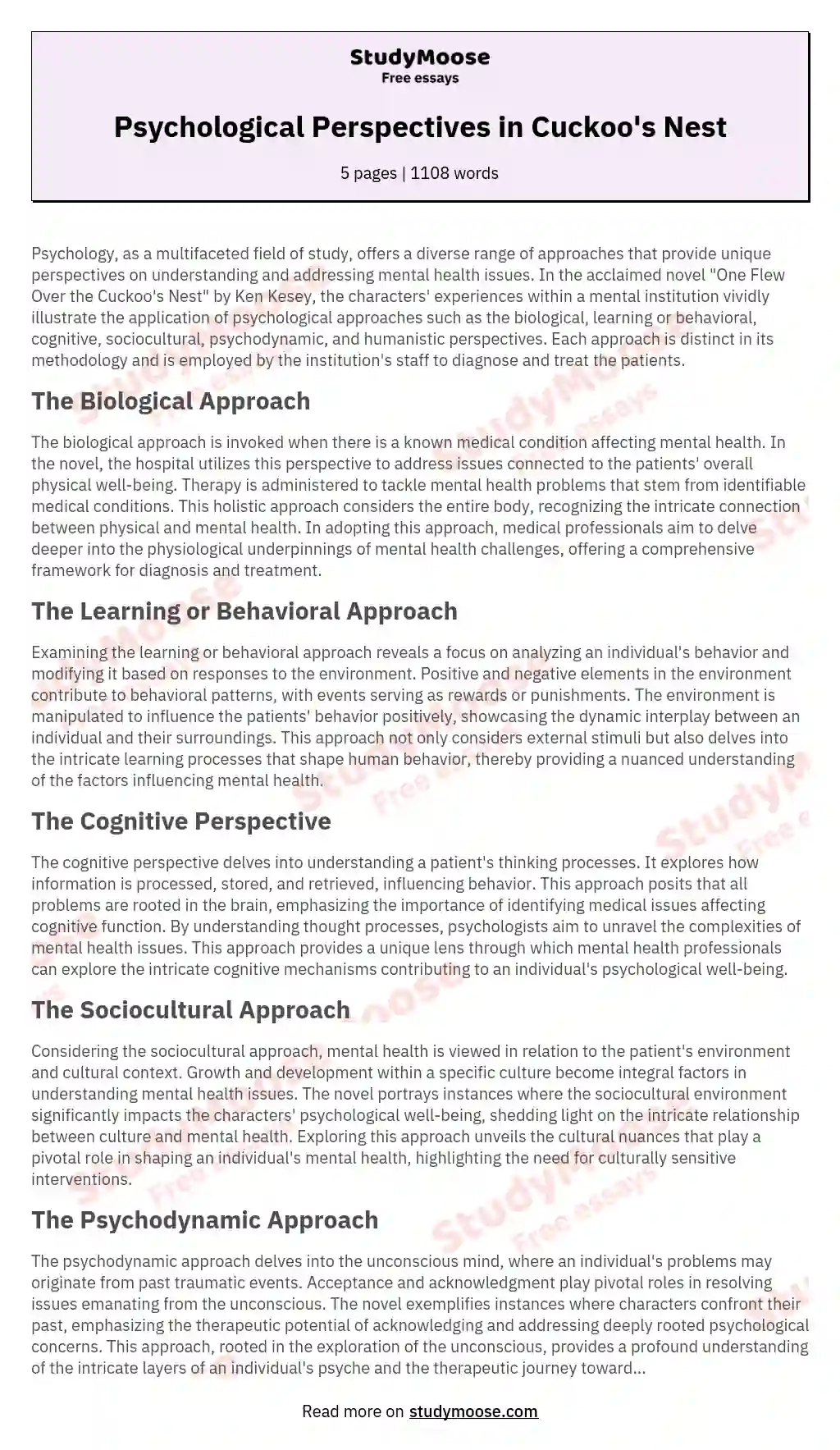 The Psychological Approaches Free Essay Example
