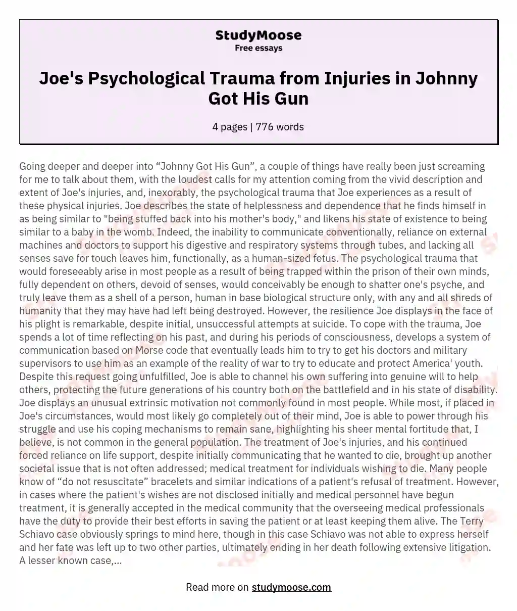 Exploring Trauma, Resilience, and Ethical Dilemmas in "Johnny Got His Gun" essay