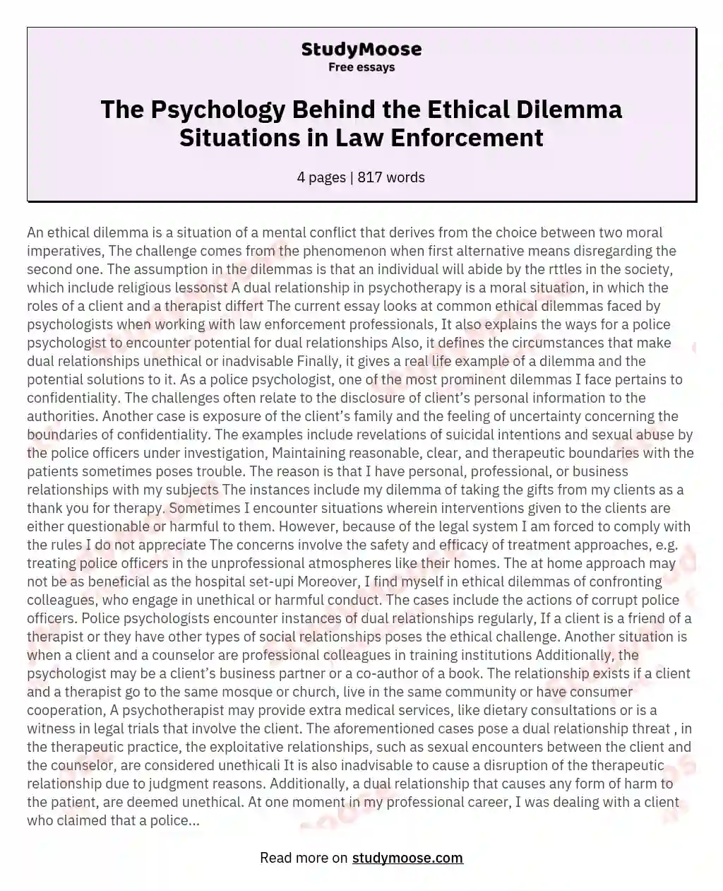 The Psychology Behind the Ethical Dilemma Situations in Law Enforcement essay