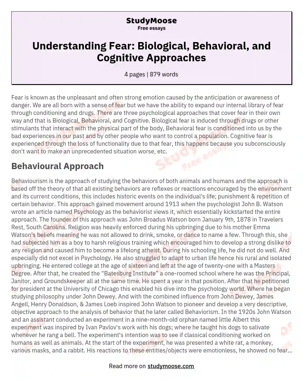 Understanding Fear: Biological, Behavioral, and Cognitive Approaches essay