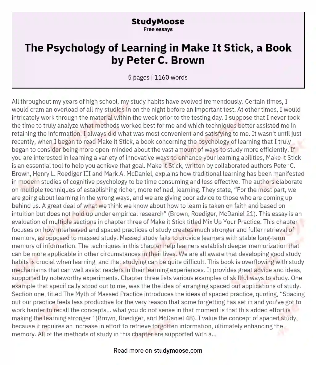 The Psychology of Learning in Make It Stick, a Book by Peter C. Brown essay