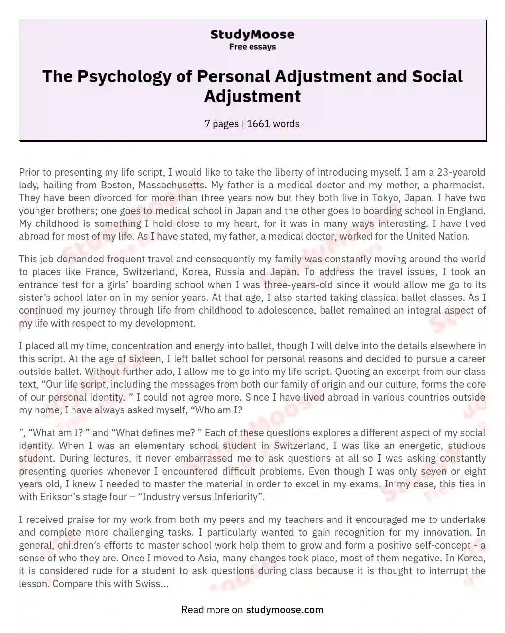 The Psychology of Personal Adjustment and Social Adjustment essay