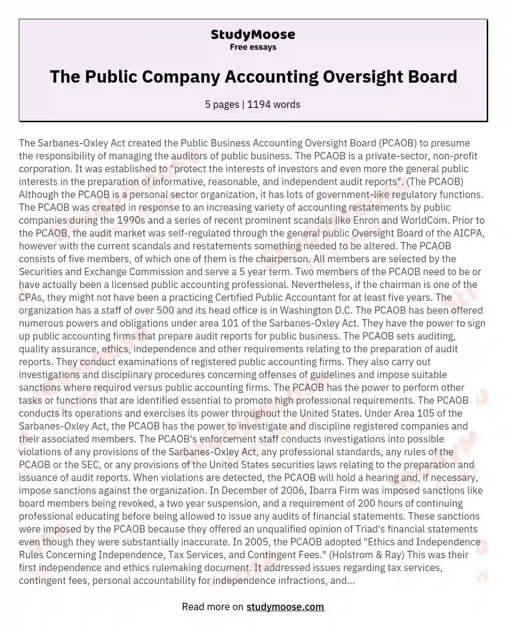 The Public Company Accounting Oversight Board essay