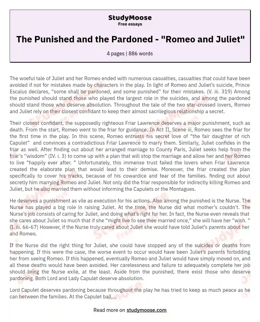 The Punished and the Pardoned - "Romeo and Juliet" essay
