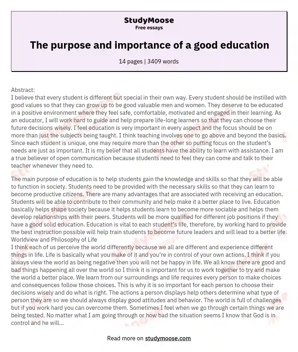 The Purpose And Importance Of A Good Education Free Essay Example