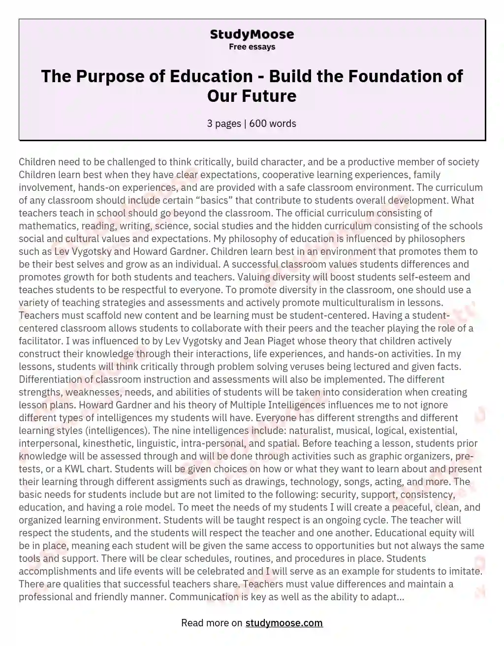 The Purpose of Education - Build the Foundation of Our Future essay