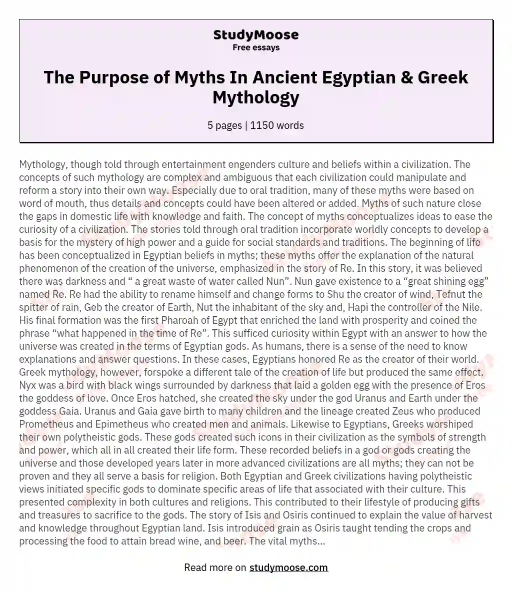The Purpose of Myths In Ancient Egyptian & Greek Mythology essay