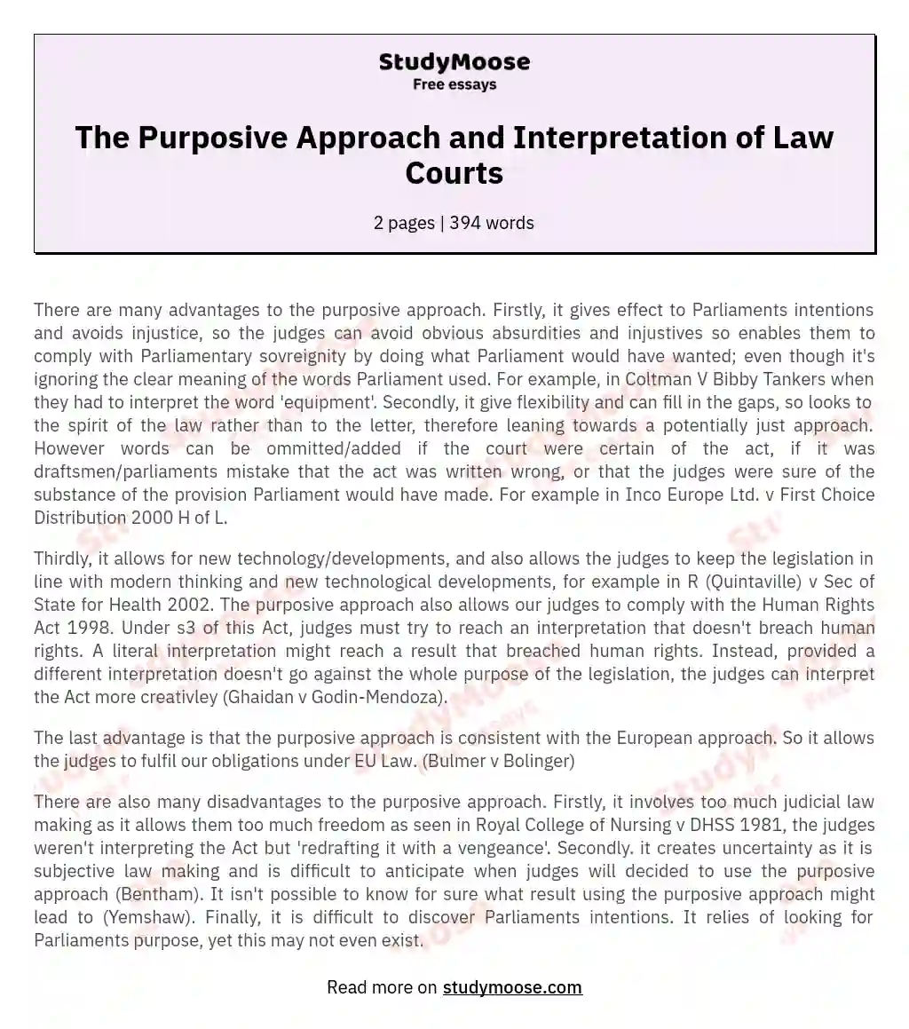 The Purposive Approach and Interpretation of Law Courts essay