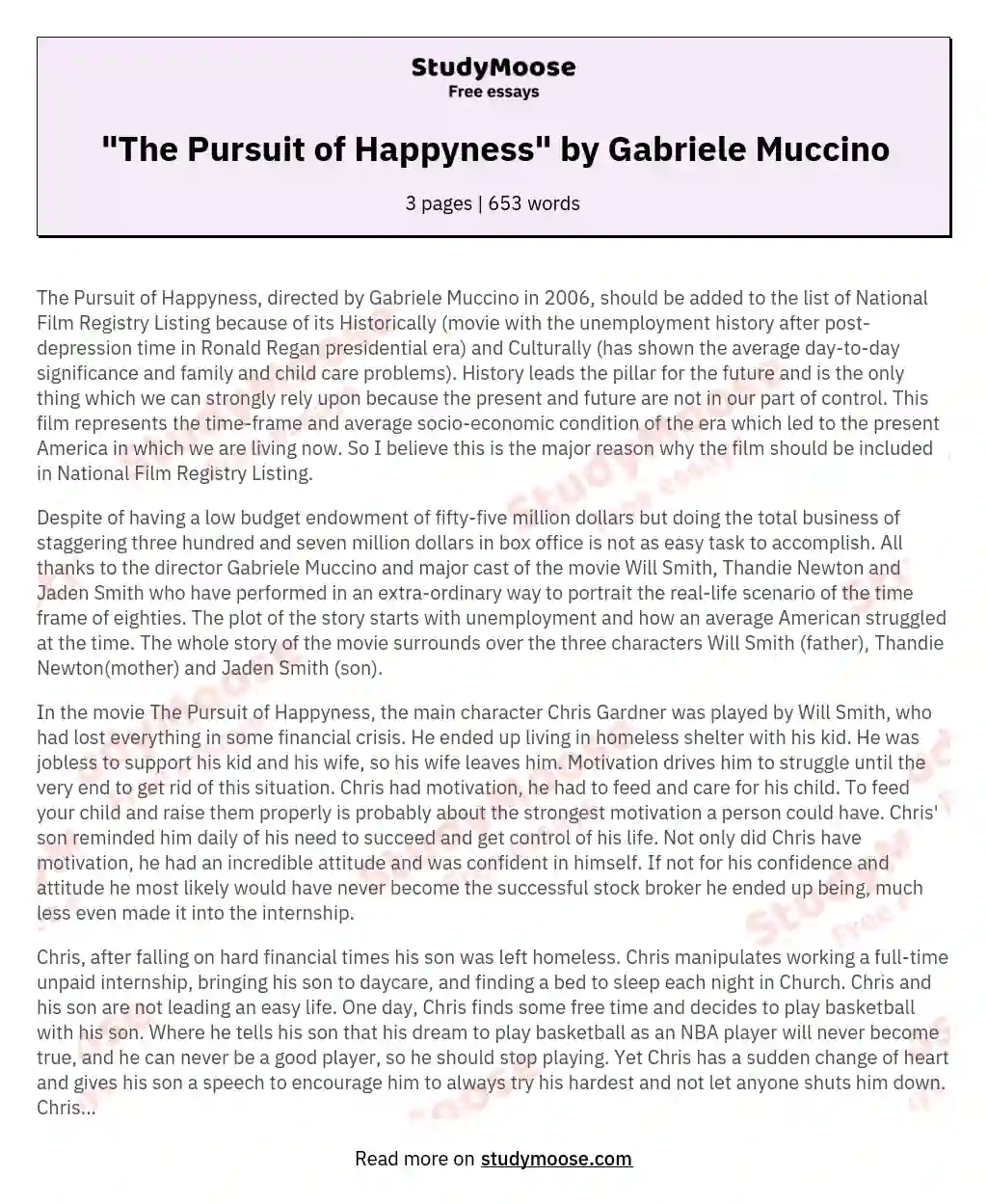 "The Pursuit of Happyness" by Gabriele Muccino essay