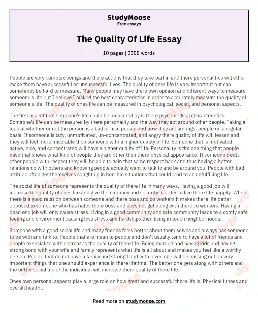 The Quality Of Life Essay essay