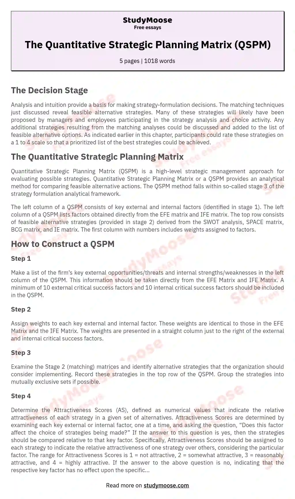 The Quantitative Strategic Planning Matrix (QSPM) essay