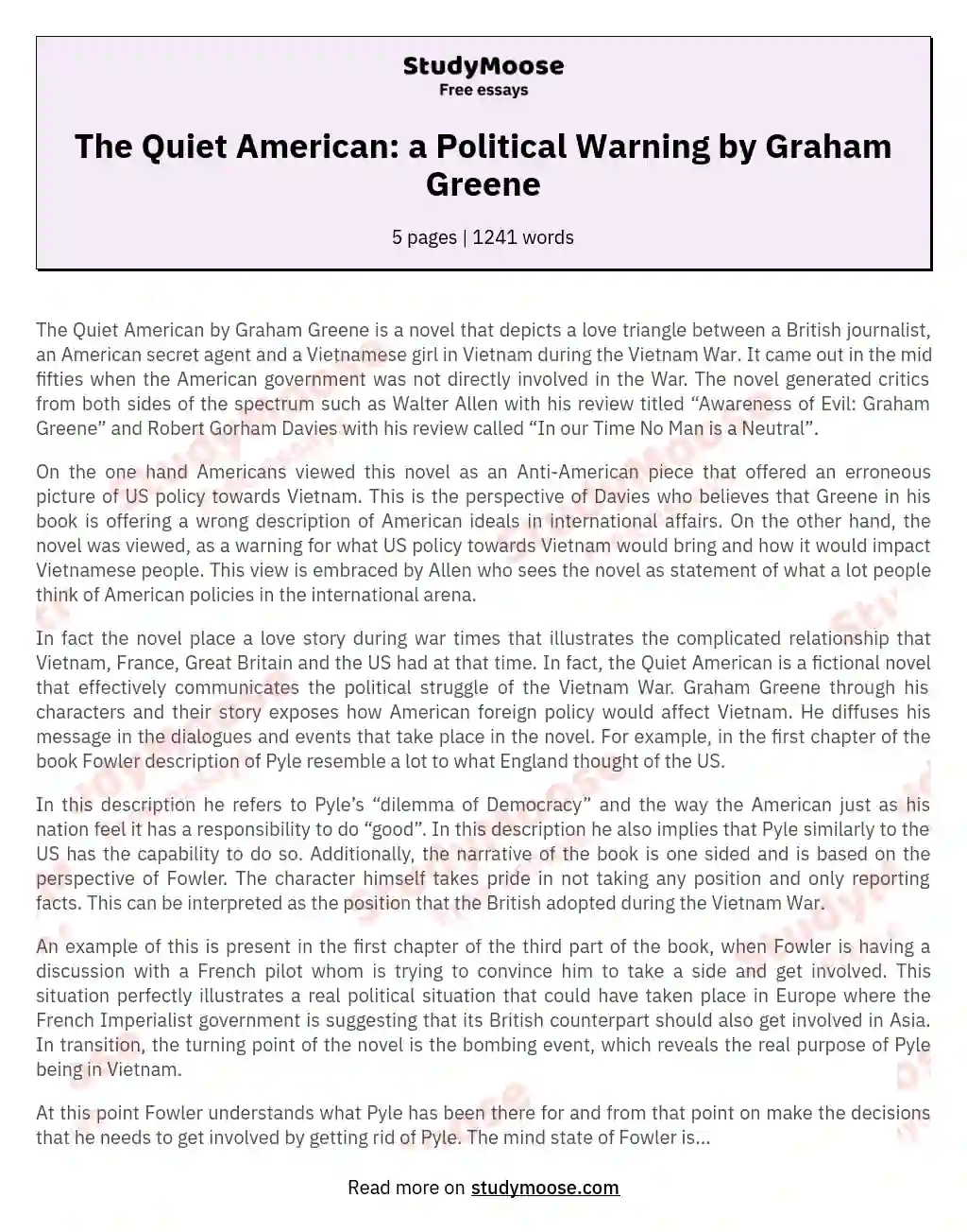 The Quiet American: a Political Warning by Graham Greene essay