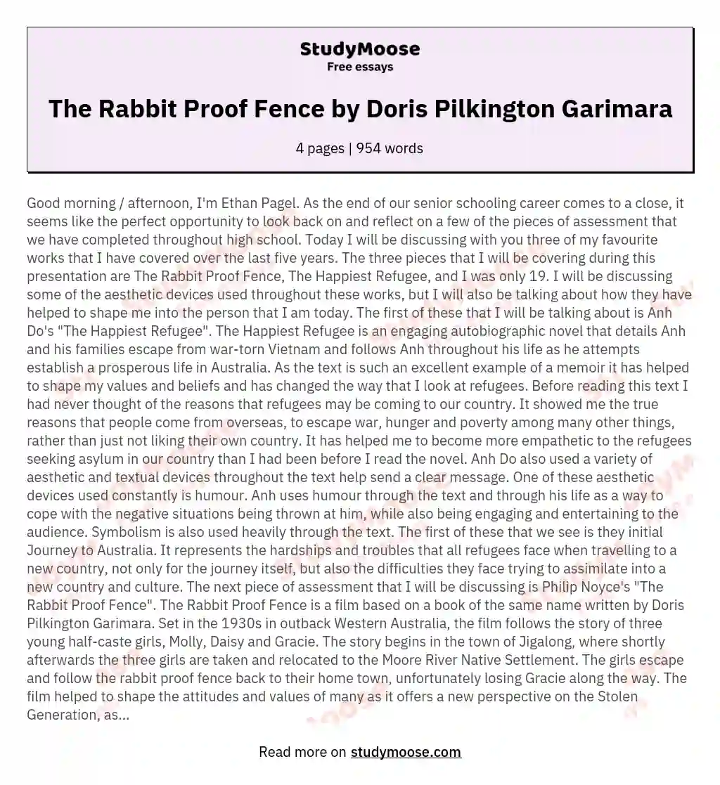 The Rabbit Proof Fence by Doris Pilkington Garimara essay