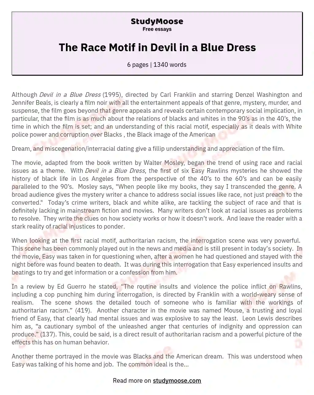 The Race Motif in Devil in a Blue Dress essay