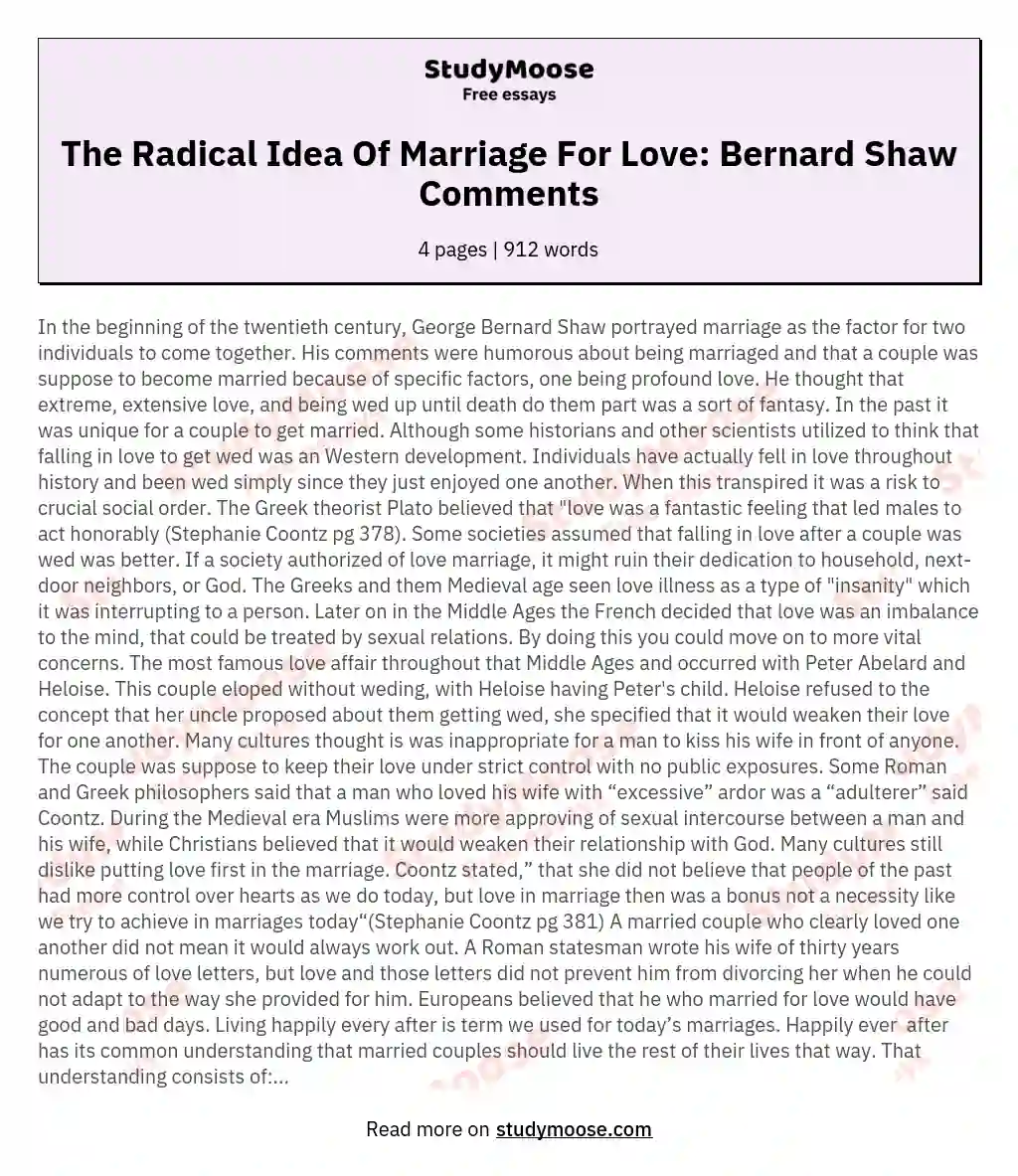The Radical Idea Of Marriage For Love: Bernard Shaw Comments essay