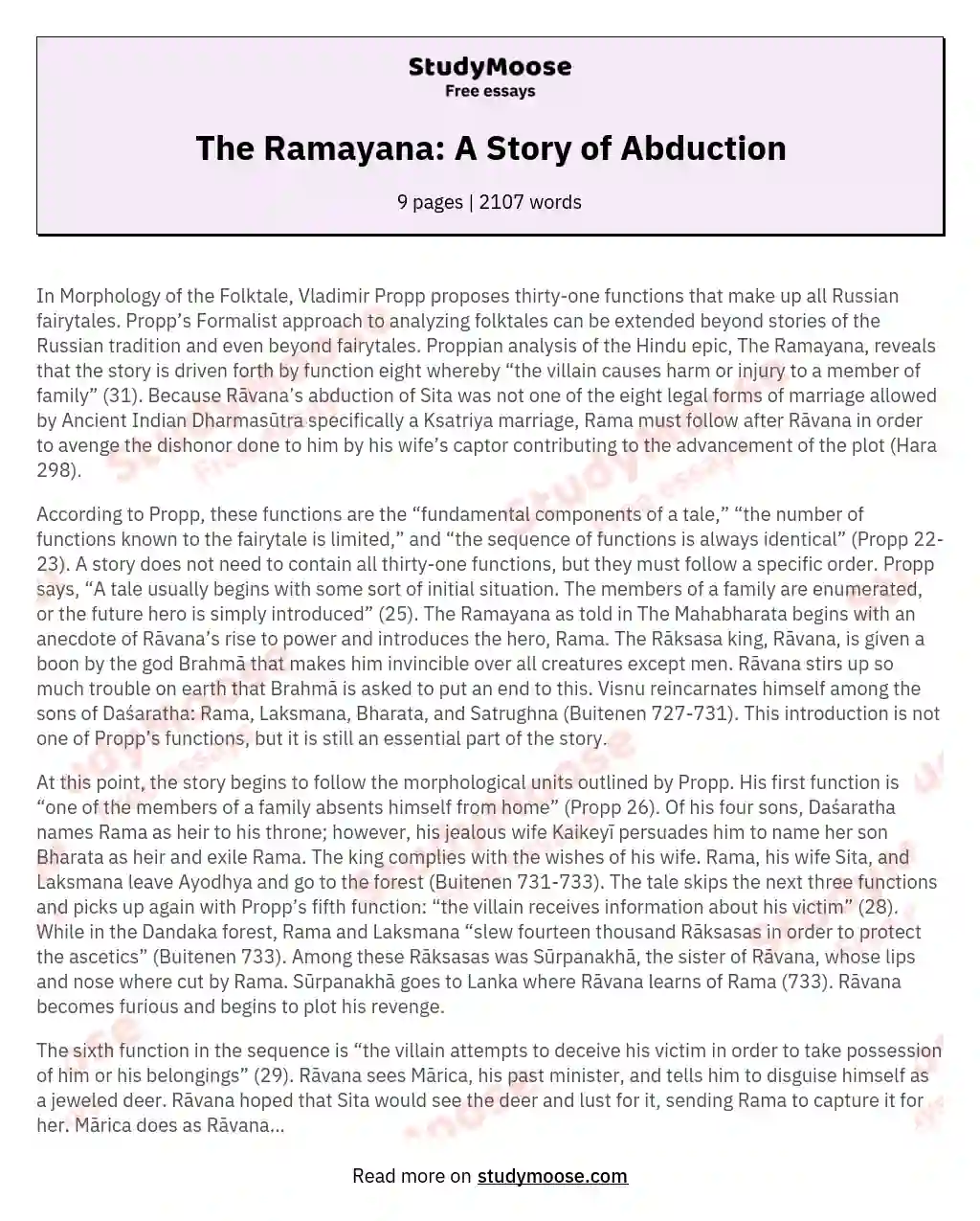 The Ramayana: A Story of Abduction essay