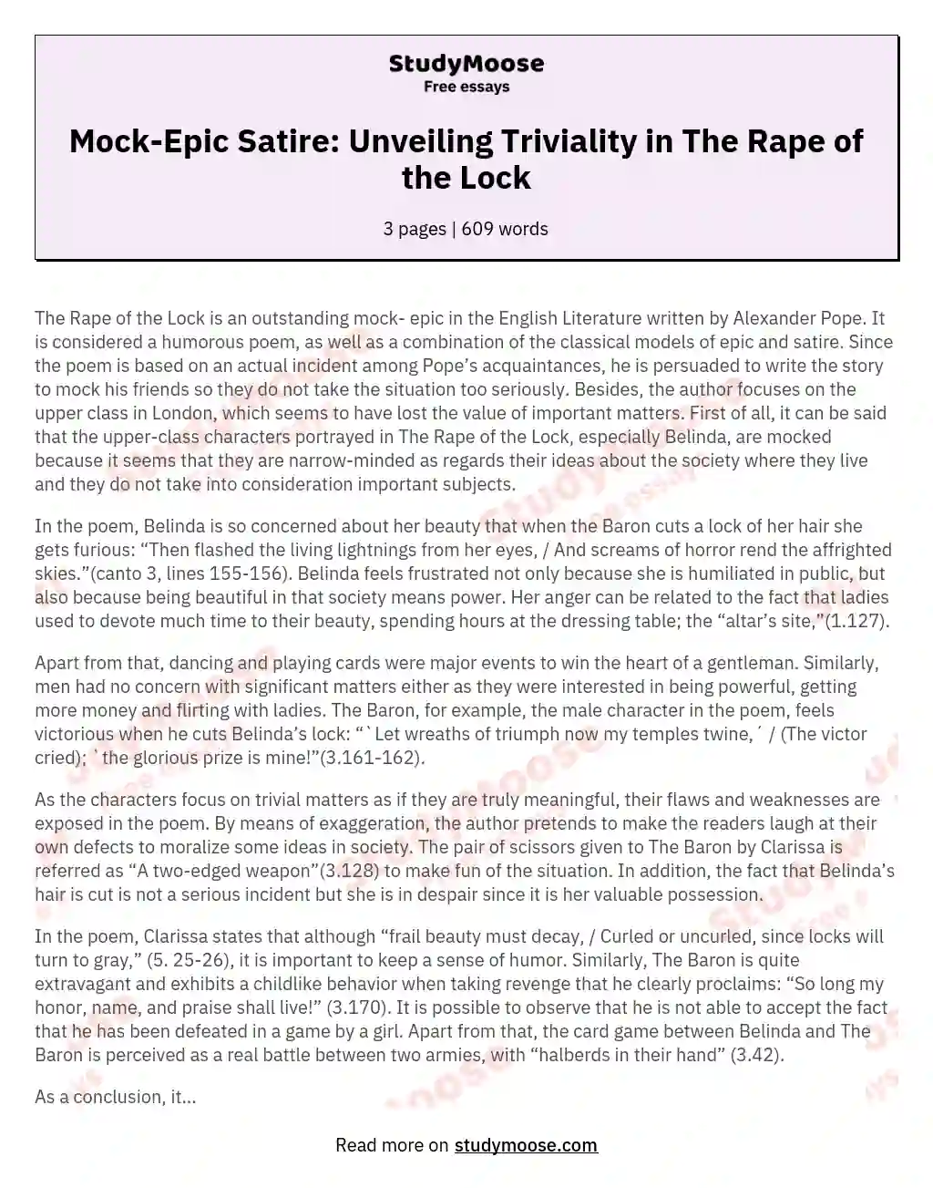 Mock-Epic Satire: Unveiling Triviality in The Rape of the Lock essay